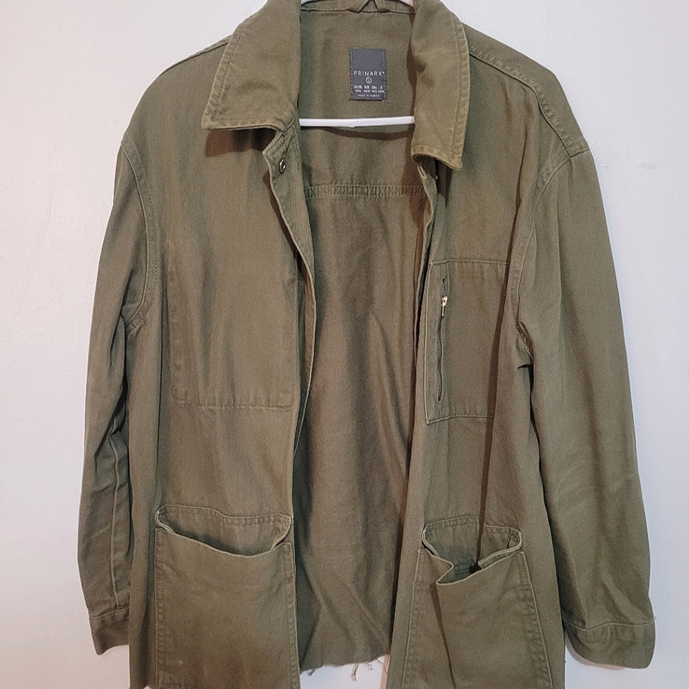 Khaki Canvas Utility Jacket Ovetshirt Raw Hem